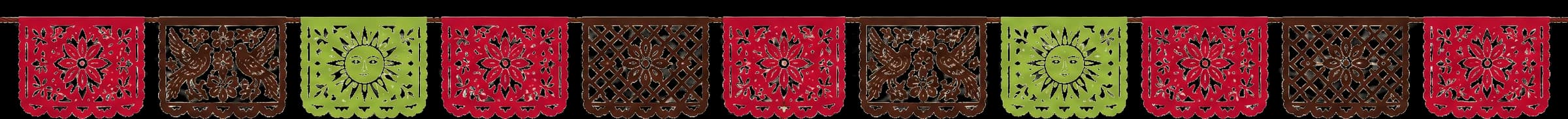 Mexické papírové praporky papel picado a zavěšený hliněný džbán s ibiškem